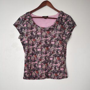 Alfani pink & tan floral top with black grid & ruffly collar size large